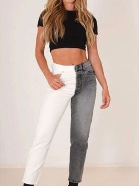 REVICE True Love Checkmate Two-Tone High-Rise Jeans in White & Gray